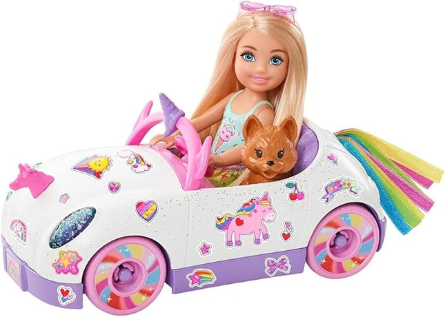 Barbie Chelsea Toy Car Set with Unicorn Theme, Blonde Small Doll in Removable Skirt, Pet Puppy, Sticker Sheet & Accessories