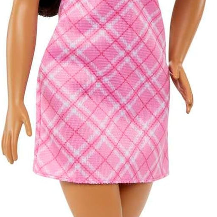 Barbie Fashionistas Doll #209 with Black Hair Wearing Removable Pink Plaid Dress, Pearlescent Headband & Strappy Heels