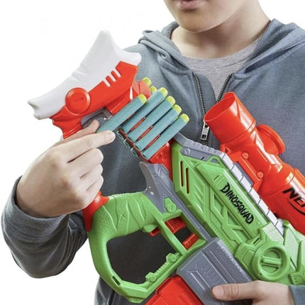 Nerf DinoSquad Rex-Rampage Motorised Blaster, 10-Dart Clip, 20 Darts, T-Rex Dinosaur Design, 8.6 x 61 x 34 cm