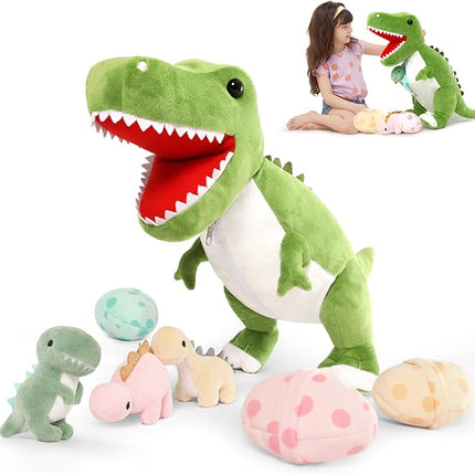 MorisMos Dinosaur Stuffed Animal with Babies,23.6'' Big T-Rex Mommy Stuffed Dinosaur with 3 Baby Dino Plush Toys, 3 Eggs,Boy Girl Dino Toys for Kid Birthday Christmas,Green T-rex