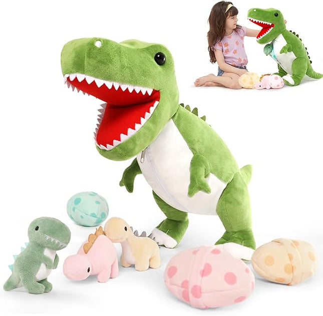 MorisMos Dinosaur Stuffed Animal with Babies,23.6'' Big T-Rex Mommy Stuffed Dinosaur with 3 Baby Dino Plush Toys, 3 Eggs,Boy Girl Dino Toys for Kid Birthday Christmas,Green T-rex