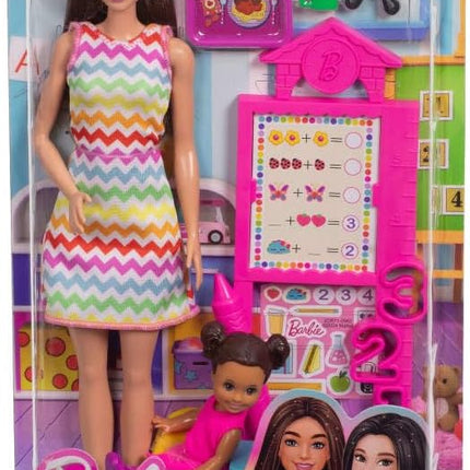 Barbie Teacher with Brunette Fashion Doll with Printed Dress, 1 Toddler Doll, & Teaching Accessories
