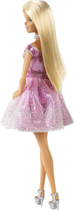Barbie Happy Birthday Doll with Blonde Hair and Blue Eyes, Pink Glitter Party Dress, and Silvery Accessories
