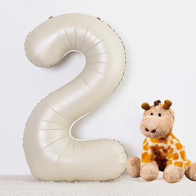 Smlpuame 40 Inch Beige Number 2 Balloons for 2nd Birthday Decorations Boys Girl, Giant Self-Sealing Cream Foil Number 0-10 White Sand Balloon for Women Men Party Anniversary Baby Shower Supplies