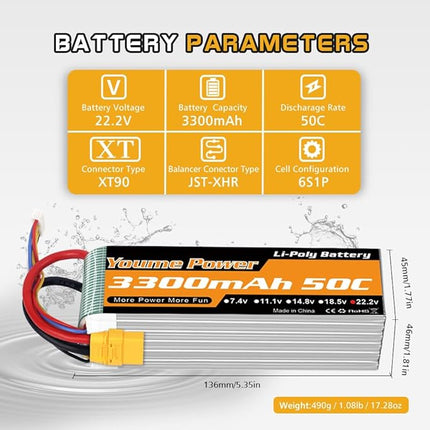 22.2V LiPo Battery 3300mAh,Lipo 6S Battery 50C XT90 Plug for RC Airplane RC Helicopter RC Quadcopter Drone Car Truck Boat Model(2 Packs)