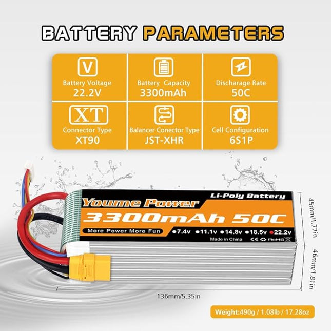 22.2V LiPo Battery 3300mAh,Lipo 6S Battery 50C XT90 Plug for RC Airplane RC Helicopter RC Quadcopter Drone Car Truck Boat Model(2 Packs)