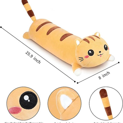 AFAN Long Cat Plush Cute Cat Body Pillows Kawaii Stuffed Animals Plushies Soft Cuddly Cotton Plush Toys Room Decor Gifts for Kids Girls Boys Adults (Yellow, 25.9 Inch)