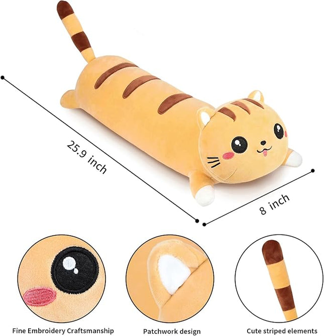 AFAN Long Cat Plush Cute Cat Body Pillows Kawaii Stuffed Animals Plushies Soft Cuddly Cotton Plush Toys Room Decor Gifts for Kids Girls Boys Adults (Yellow, 25.9 Inch)