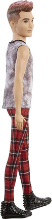 Barbie Ken Fashionistas Doll #176 with Sculpted Brunette Ombre-Tipped Hair Wearing a Sleeveless Tie-dye Shirt, Red Plaid Pants & Black Boots, Toy for Kids 3 to 8 Years Old