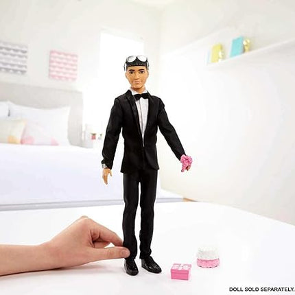 Barbie Fashion & Accessories Pack, Bridal Set with Groom Outfit for Ken Doll with Tuxedo, Shoes, Watch, Wedding Cake with Tray & Bouquet