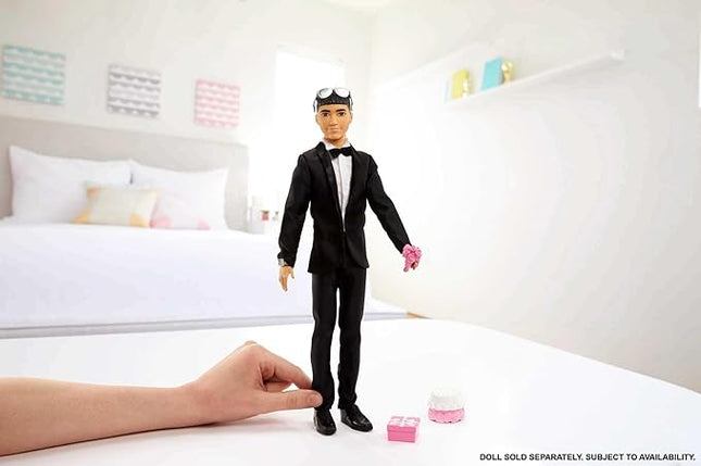 Barbie Fashion & Accessories Pack, Bridal Set with Groom Outfit for Ken Doll with Tuxedo, Shoes, Watch, Wedding Cake with Tray & Bouquet