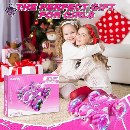 Spider Remote Control Car, Double Sided 360°Rotating USB Direct Charging RC Cars with Cool Lights, 2.4Ghz Drift RC Stunt Car, 360°Rotating 4WD Off-Road Race Toys for 4-12 Boy Girl Kids Gifts(Pink)