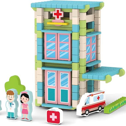 123PCS Wooden Building Blocks Set for Toddlers, Construction City Stacking Toys, Preschool Learning Educational Toys for Kids 3+ Years Girls and Boys (Hospital)