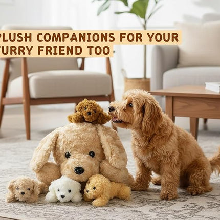 Chirpy Chums Classic Dog Family – Mommy Labradoodle with 4 Puppies – 17” Ultra-Soft Plush Stuffed Animal Toy – Zipper Belly Surprise for Cuddles, Play & Gifts – 5-Piece Puppy Set for Kids Ages 3+