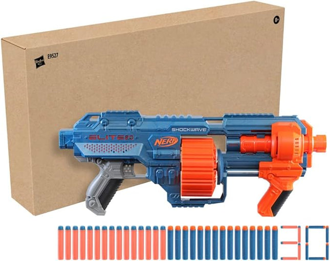 Nerf Elite 2.0 Shockwave RD-15 Blaster, 30 Nerf Darts, 15-Dart Rotating Drum, Pump-Action Slam Fire, Built-in Customising Capabilities