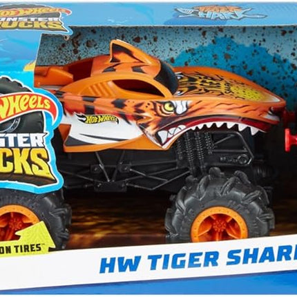 Hot Wheels Monster Trucks RC, 1:24 Scale Tiger Shark Vehicle, Oversized Remote-Control Toy Truck with Terrain Action Tires