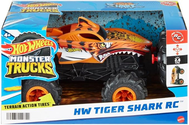 Hot Wheels Monster Trucks RC, 1:24 Scale Tiger Shark Vehicle, Oversized Remote-Control Toy Truck with Terrain Action Tires