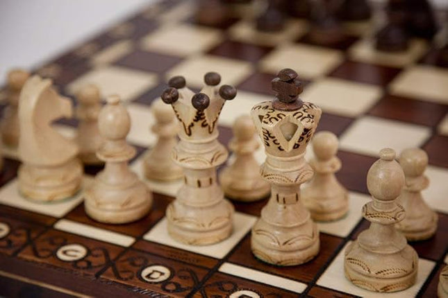 Wegiel Handmade European Ambassador Chess Set - Wooden 21 Inch Beech & Birch Board with Felt Base - Carved Hornbeam & Sycamore Wood Chess Pieces