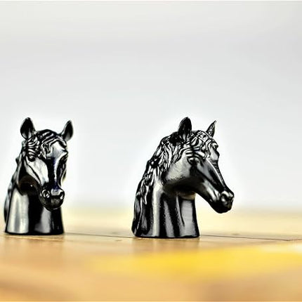 Metal Horse Race Board Game Set with Horse Racing Thick & Solid Wood Game Board, 11 Luxurious & Durable Classic Black Colored Metal Craft Horses, Dice and Cards for Horseracing (HR-652)