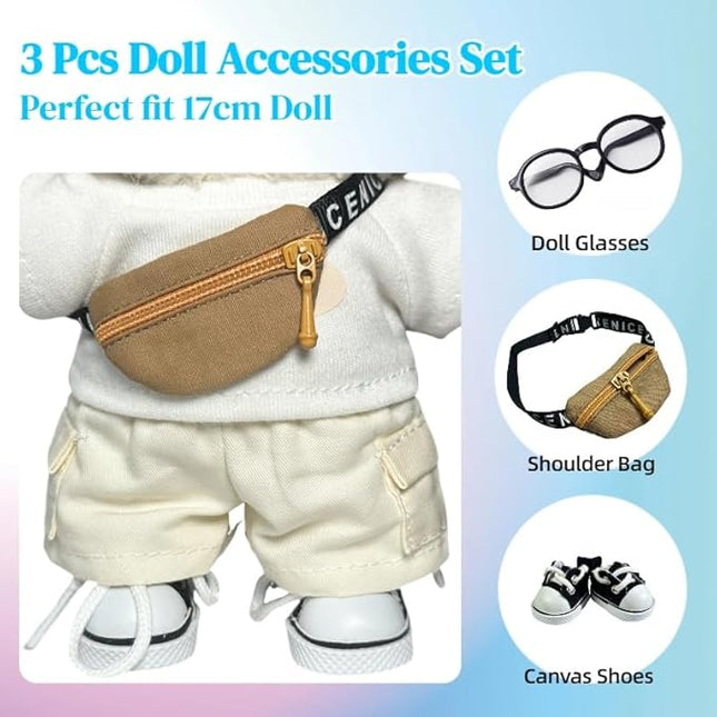 3pcs Doll Accessories Set Included Mini Glasses, Shoulder Bag and Canvas Shoes, Dress Up Accessories Replacement for 17cm Doll, Mini Costume Supplies for 6.7in Figures (Set of Brown)