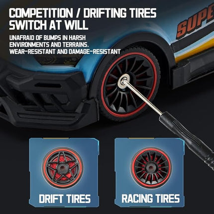 Color-Changing Remote Control Car with Dual Control, 6-Channel 2.4GHz RC Drift Cars with Lights, 2 Tire Sets & 4 Cones, High Speed Racing Toy for Boys, Birthday Gifts for Kids (A: Blue-Purple)