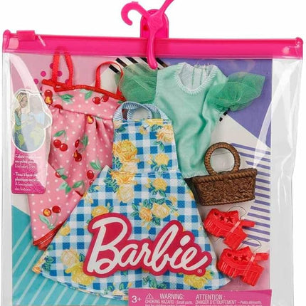 Barbie Fashions 2-Pack Clothing Set, 2 Outfits for Barbie Doll Include 2 Picnic-Themed Dresses & 2 Accessories Including Basket