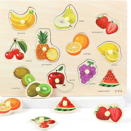 GRINNNIE Wooden Peg Puzzle for Toddlers 3 4 5 Years Old, 4 PCS Montessori Educational Learning Puzzles Set-Numbers, Letters, Animals and Fruits, Great Preschool Gifts for Girls and Boys