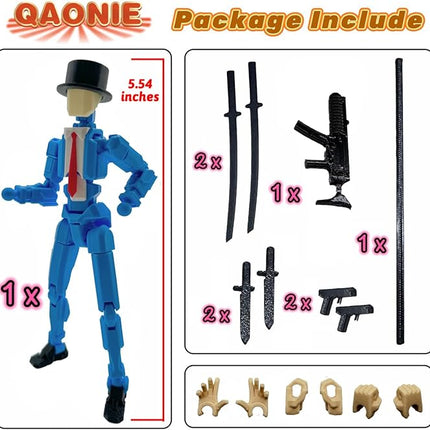 3D Printed 5.54-inch Multi-Jointed Action Figures Dummy13, Full Body Mechanical Movable Toy, Multiple Accessories, Hand Painted Figure, Desk Decoration, Creative Gifts (Y-Blue Gentleman)