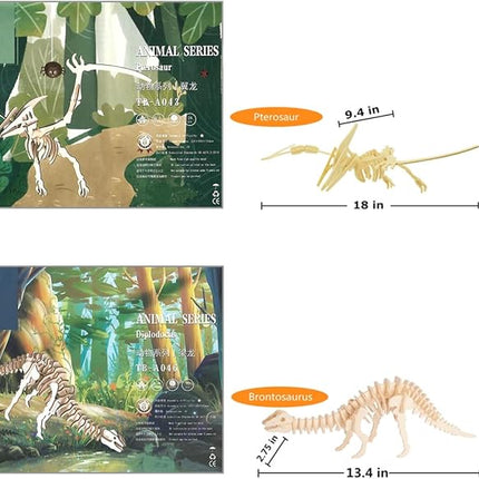 3D Wooden Dinosaur Puzzle - 6 Piece Set Wood Dinosaur Skeleton Model Puzzle - DIY Wooden Crafts 3D Puzzle - STEM Toys Brain Teaser Puzzle Gifts