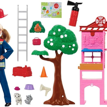 Barbie Careers Firefighter Doll & Playset with Fire Station & Tree, 2 Pets, Color-Change & 10+ Accessories Including Fire Extinguisher Squirt Toy