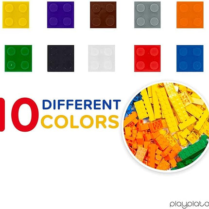 Play Platoon 1120 Pieces Building Bricks Set - 10 Classic Color Blocks - Bulk Building Blocks Compatible with Major Brands - 14 Different Shape Bricks - Includes Wheels, Tires, Axles, Windows & Door