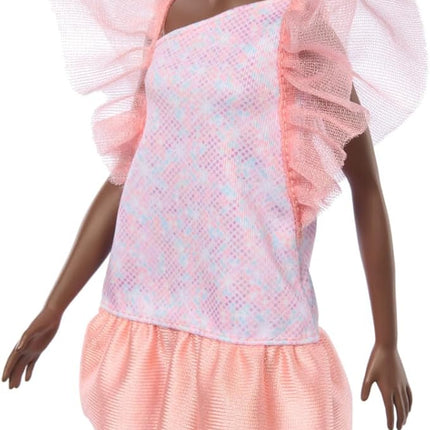 Barbie Fashionistas Doll #216 with Tall Body & Black Hair in Low Ponytail in Pink & Peach Party Dress, 65th Anniversary Collectible Toy
