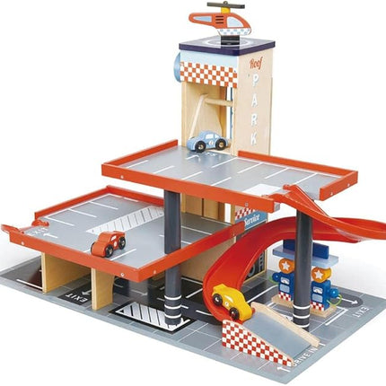 Tender Leaf Toys - Blue Bird Service Station - Classic Wooden Garage and Service Station for Cars and Helicopter with Ramps, Petrol Pumps and Car Wash Center - Imaginary and Roleplay for Children 3+