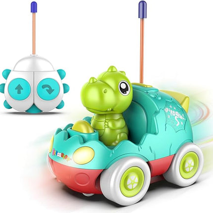Remote Control Car for Toddlers Toddler Toys for 18+Months RC Cars with LED Lights & Music Dinosaur Toy for Kids Green
