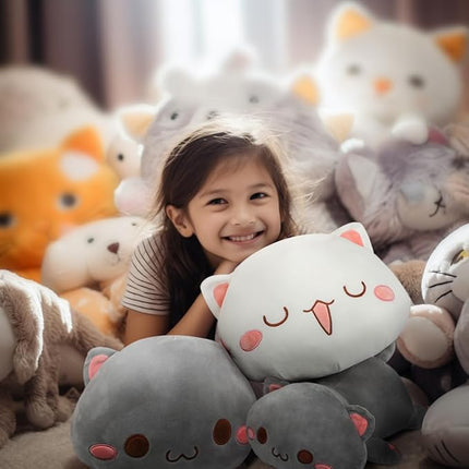 AFAN Cat Stuffed Animals Plush Cute Soft Cat Plush Pillow Toys Kawaii Plushies Room Decor Gifts for Kids Girls Boys (Round Eyes, Grey, 13.7 Inch)