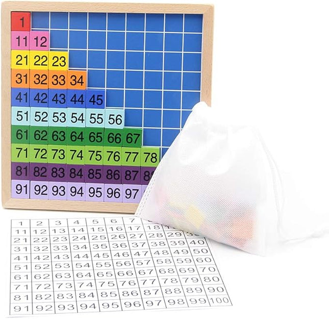 MERRYHEART Wooden Math Learning Board Toy, Montessori 1-100 Consecutive Numbers Wooden Hundred Digital Board, Educational Game for Kids with Storage Bag