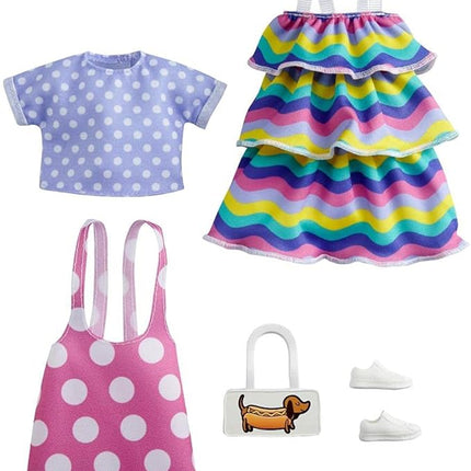 Barbie Fashions 2-Pack Clothing Set, 2 Outfits Doll Include Pink Polka-Dot Jumper, Purple Polka-Dot Top, Striped Dress & 2 Accessories, Gift for Kids 3 to 8 Years Old, White