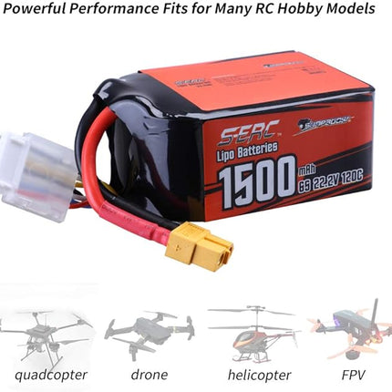 SUNPADOW 6S Lipo Battery 22.2V 120C 1500mAh with XT60 Connector Rechargeable for RC FPV Airplane Quadcopter Helicopter Drone (2 Count)