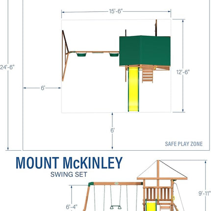 Backyard Discovery Mount Mckinley Cedar Wood Swing Set with Wave Slide, Play Deck, Double Rock Wall, Rope Ladder, Web Swing, Belt Swings, Toy Telescope, Steering Wheel, Sandbox Area, Outdoor Playset