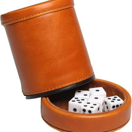 RERIVER Leatherette Dice Cup with Lid Includes 6 Dices, Velvet Interior Quiet in Shaking for Liars Dice Farkle Yahtzee Board Games, Brown