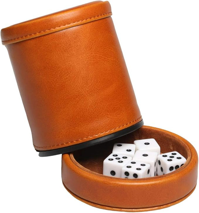 RERIVER Leatherette Dice Cup with Lid Includes 6 Dices, Velvet Interior Quiet in Shaking for Liars Dice Farkle Yahtzee Board Games, Brown