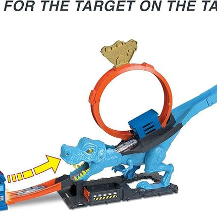 Hot Wheels City Track Set with 1 Toy Car, Race Through a Giant Loop to Defeat a Big Dinosaur, T-Rex Loop Stunt and Race Playset