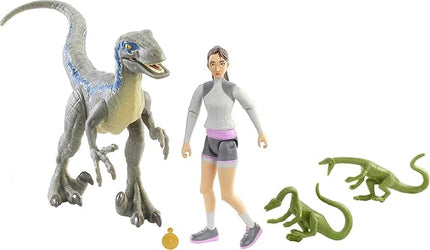 Mattel Jurassic World Camp Cretaceous Yasmina Yaz and Velociraptor Human and Dino Pack with 2 Action Figures, 2 Compys Figures and Accessory, Toy Gift Set and Collectible