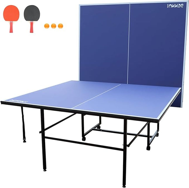Table Tennis Table Mid-Size, Foldable Ping Pong Table Top Full Size with 2 Paddles, 2 Balls, 1 Net & 4 Wheels, Folding Table Tennis for Indoor & Outdoor, Quick Assembly to Support Multiplayer