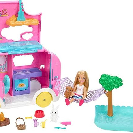Barbie Camper, Chelsea 2-in-1 Playset with Small Doll, 2 Pets & 15 Accessories, Vehicle Transforms into Camp Site (Amazon Exclusive)
