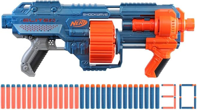 Nerf Elite 2.0 Shockwave RD-15 Blaster, 30 Nerf Darts, 15-Dart Rotating Drum, Pump-Action Slam Fire, Built-in Customising Capabilities