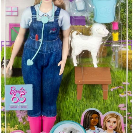 Barbie 65th Anniversary Doll & 10 Accessories, Farm Veterinarian Set with Blonde Vet Doll, Lamb with Moving Ears & More
