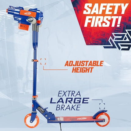 NERF Kick Scooter for Kids, Dual Barrel Blaster Fires Up to 40 Feet, Supports Up to 150lbs, Rear Brake, Sturdy Steel Frame, Wide Surface Textured Molded Deck, Outdoor Activities for Boys/Girls