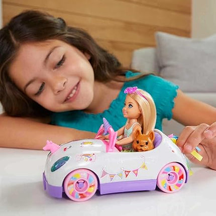 Barbie Chelsea Toy Car Set with Unicorn Theme, Blonde Small Doll in Removable Skirt, Pet Puppy, Sticker Sheet & Accessories