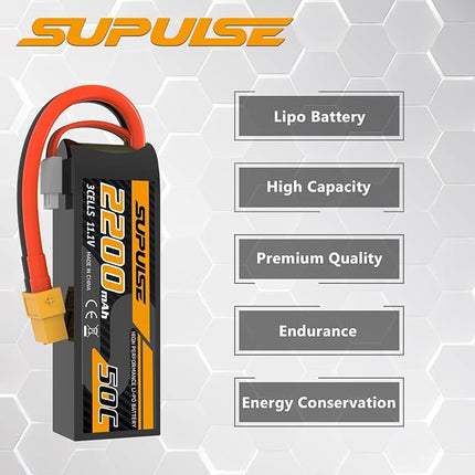SUPULSE 11.1V 3S Lipo Battery 50C 2200mAh Soft Case Battery with T Plug and XT60 Plug for RC Airplane Helicopter RC Boat RC Car Truck(2 Packs)